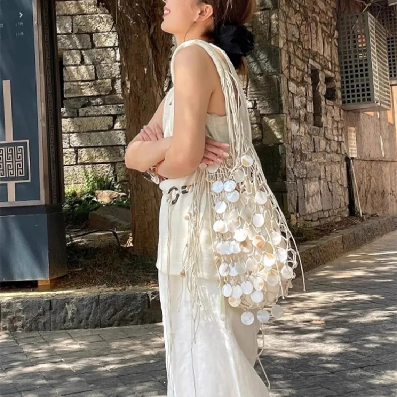 Handgefertigte Muscheltasche, gewebt, Eimer, Quaste, Stickerei, Hobo-Schulter, Holzgriff, Handtasche, Abend-Clutch Image