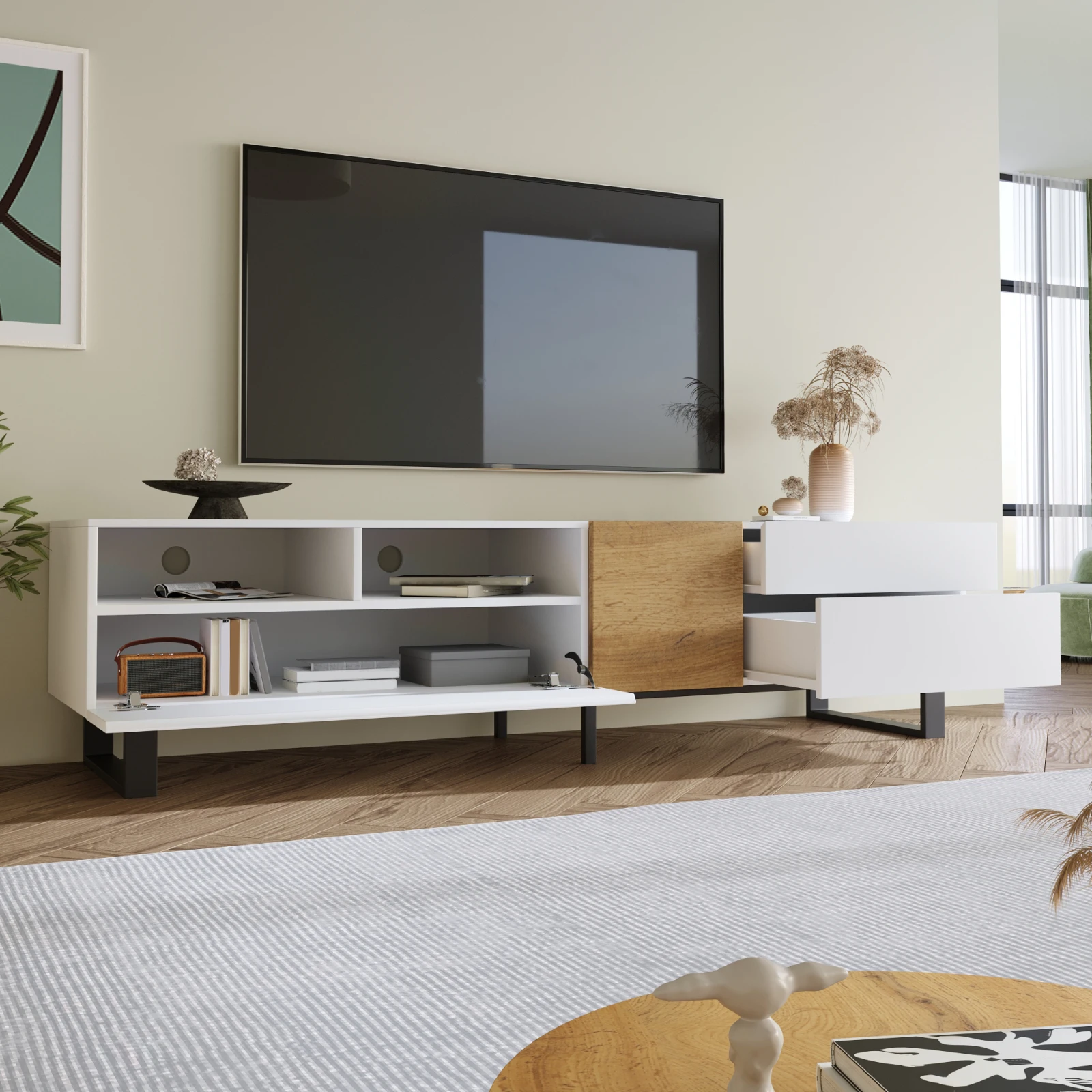 Meuble TV moderne blanc Lazyspace, meuble de rangement multifonctionnel, meuble TV de salon avec 2 tiroirs, design minimaliste