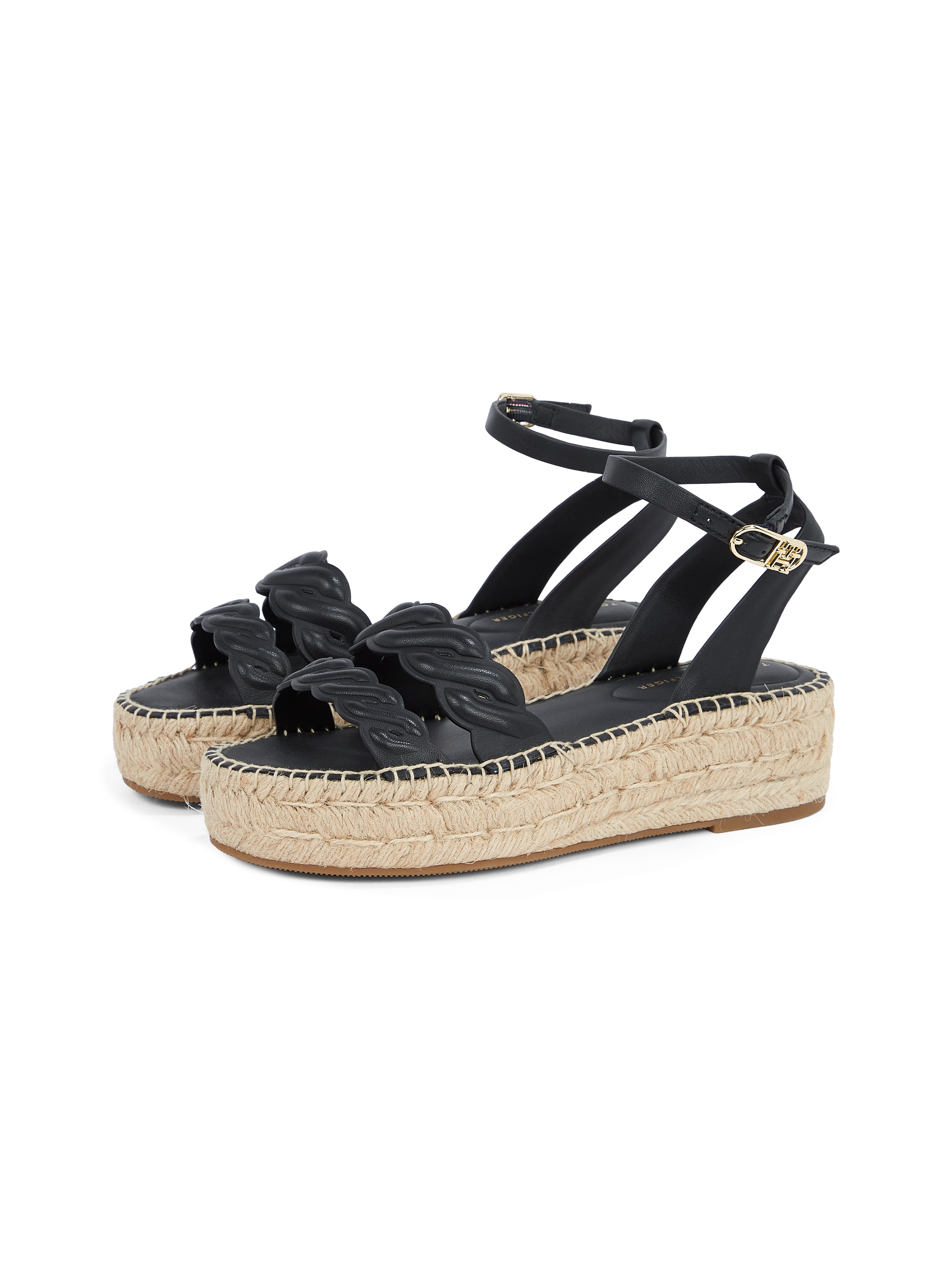 Keilsandalette TOMMY HILFIGER "LEATHER ROPE REAL ESPAD SANDAL", Damen, Gr. 41, schwarz, Leder, Schuhe, Plateau, Sommerschuh, Riemchensandale mit verstellbarer Schnalle