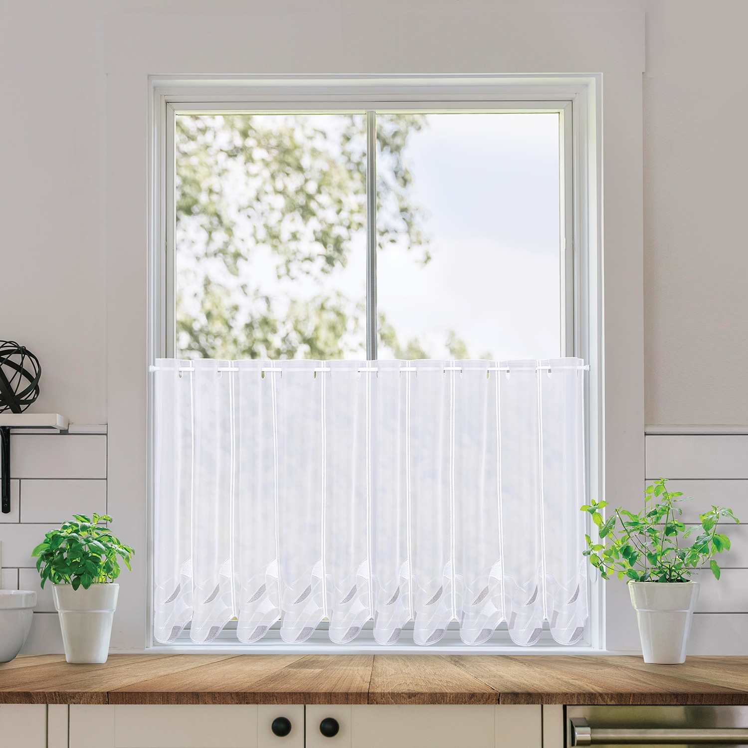 Scheibengardine GERSTER "Clara, nach Maß" Gr. 6, grau (weiß, grau), B:100cm H:45cm, Polyester, Gardinen, SB-Bistro "Clara", nach Maß, maßgenaue Anfertigung Image