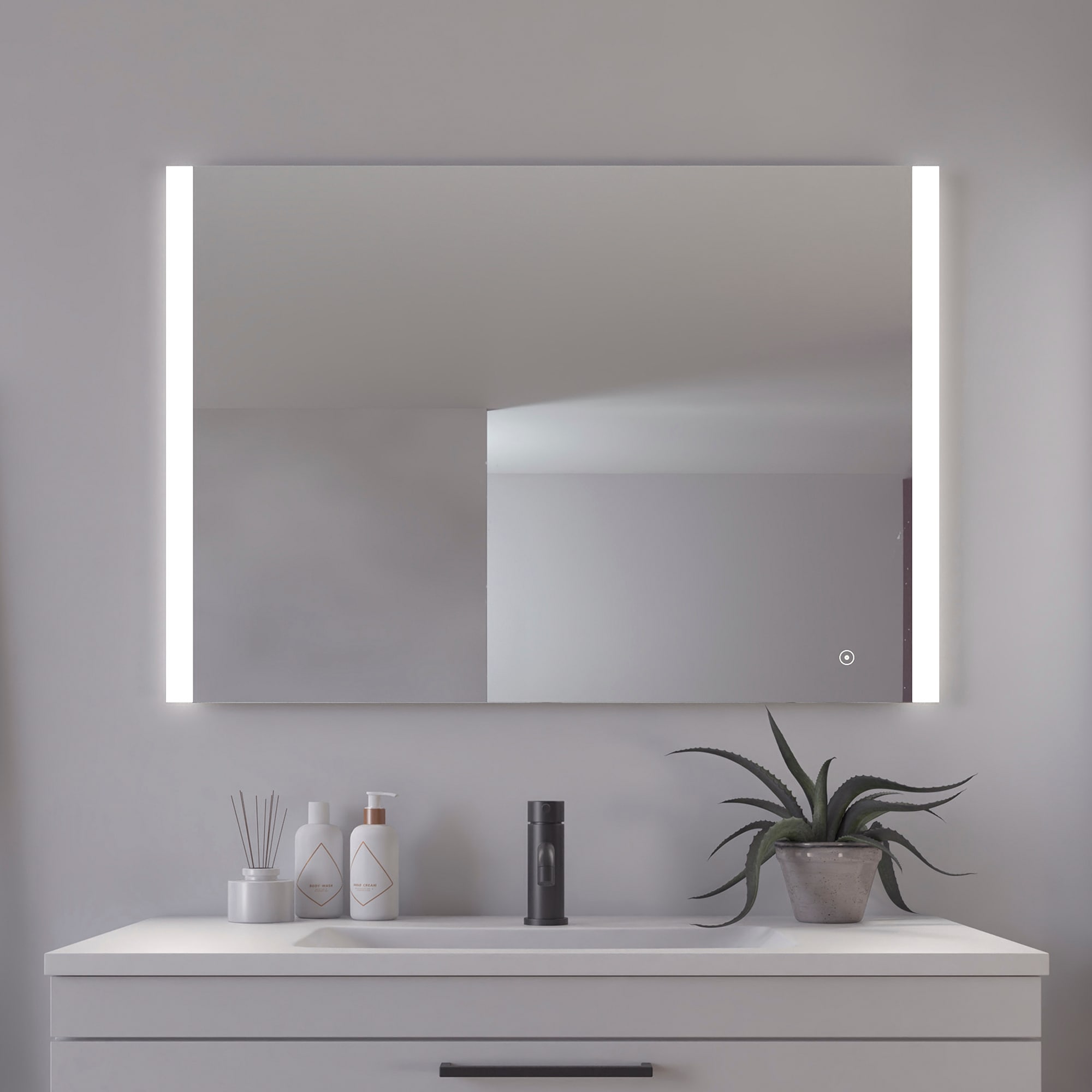 Badspiegel LOEVSCHALL "Vega Quadratisch, Badzimmerspiegel mit LED Beleuchtung, Lichtspiegel", silber (weiß), Spiegel, Damen, B/H/T: 100cm x 70cm x 2,7cm, Spiegelglas, Badspiegel, Touchpanel für Lichtsteuerung, Dimmbar Spiegel, Dänisches Design,...