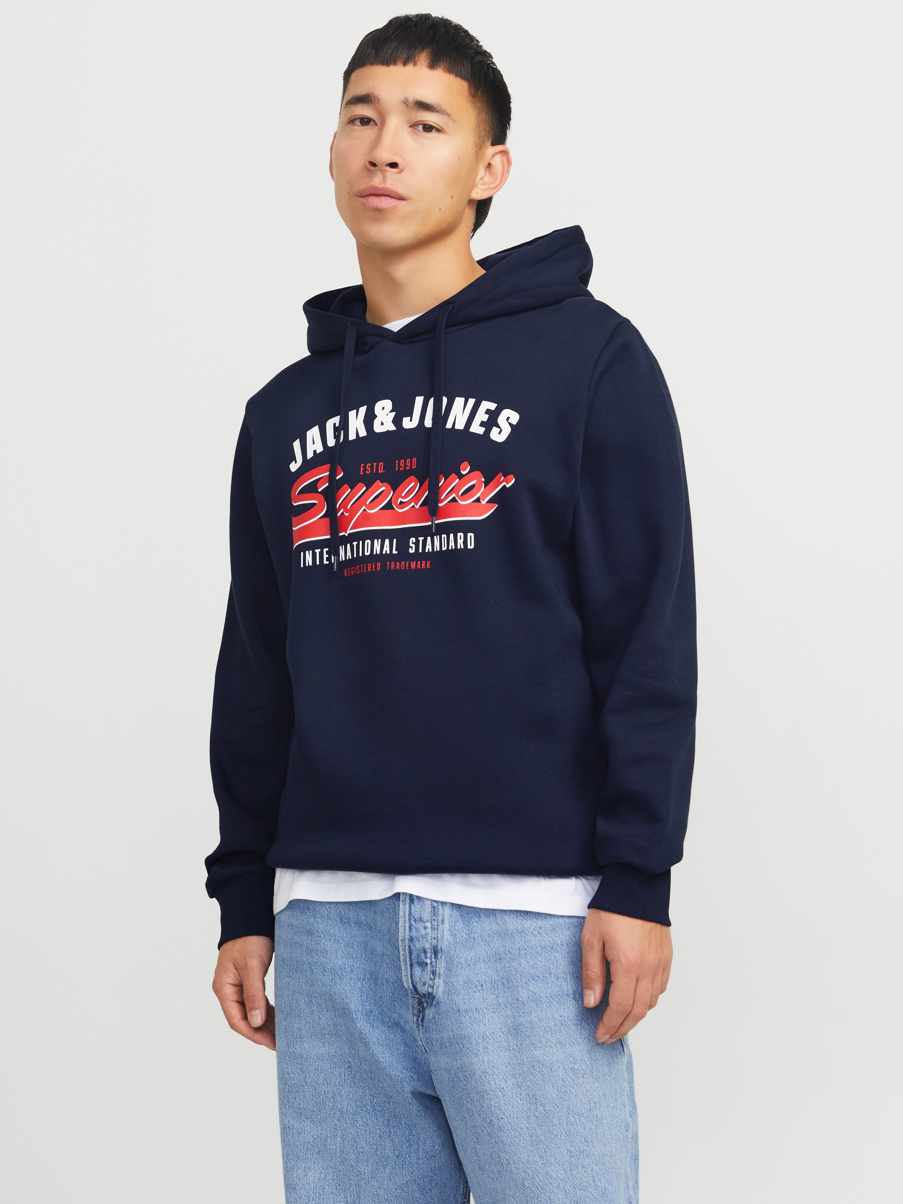 Kapuzensweatshirt JACK & JONES "JJELOGO SWEAT HOOD 2 COL 24/25 NOOS", Herren, Gr. S, blau (sky captain), angeraute Sweatware, Obermaterial: 70% Baumwolle, 30% Polyester, bedruckt, regular fit taillenbedeckt, ohne Ausschnitt, Rippbündchen,...