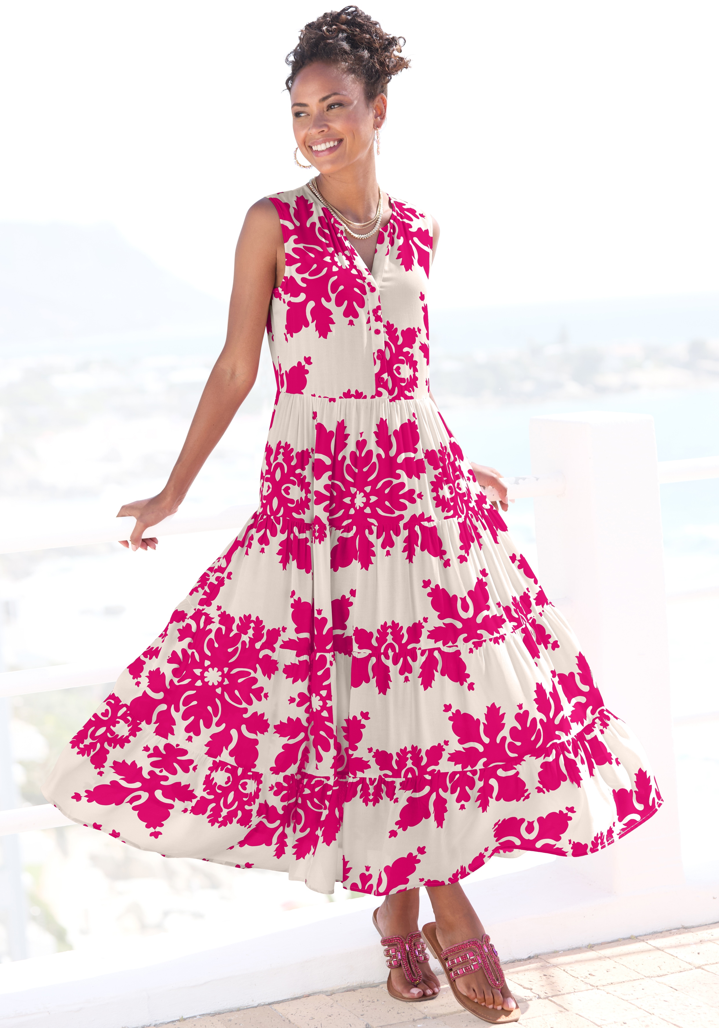 Maxikleid VIVANCE, Damen, Gr. 34, N-Gr, beige (creme, berry bedruckt), Web, Obermaterial: 100% Viskose, bedruckt, Modisch, figurumspielend knöchelfrei, V-Ausschnitt, Kleider, mit Volants, Sommerkleid Image