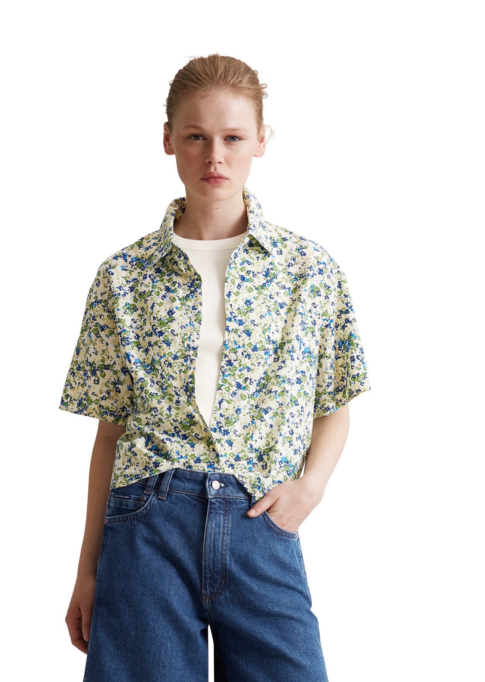 Kurzarmbluse MARC O'POLO DENIM "aus LENZING™ ECOVERO™-Mix", Damen, Gr. S, blau (medium blau), Obermaterial: 73% Viskose, 27% Baumwolle, bedruckt, relaxed fit bauchfrei, normaler Saum, Blusen