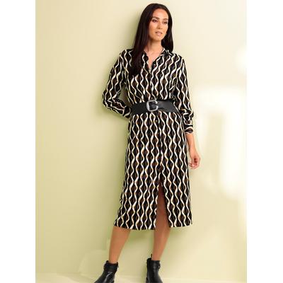 Druckkleid HEINE "Druck-Kleid", Damen, Gr. 44, Normalgrößen, braun (schoko, ecru, bedruckt), Twill, 100% Viskose, gemustert, mehrfarbig, bedruckt, wadenlang, Langarm, Kleider Image