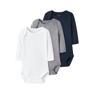 Body NAME IT "NBNBODY 3P LS SOLID NOOS", Baby, Gr. 50, N-Gr, schwarz sapphire pack:w, grau melange, hellweiß, Sweatware, Obermaterial: 100% Baumwolle, meliert, casual, regular fit, Rundhals, Langarm, Bodies Image
