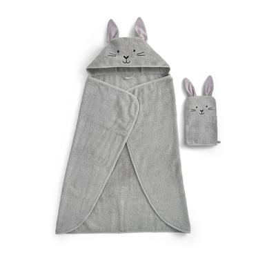 Handtuch Set CHRISTY "Christy Baby Hase", grau, 2 tlg., Walkfrottier, Walkfrottier, Obermaterial: 100% Baumwolle, Handtuch-Sets, 1 Kapuzen-Badetuch (95x90 cm) und 1 Waschhandschuh (23x15 cm) Image