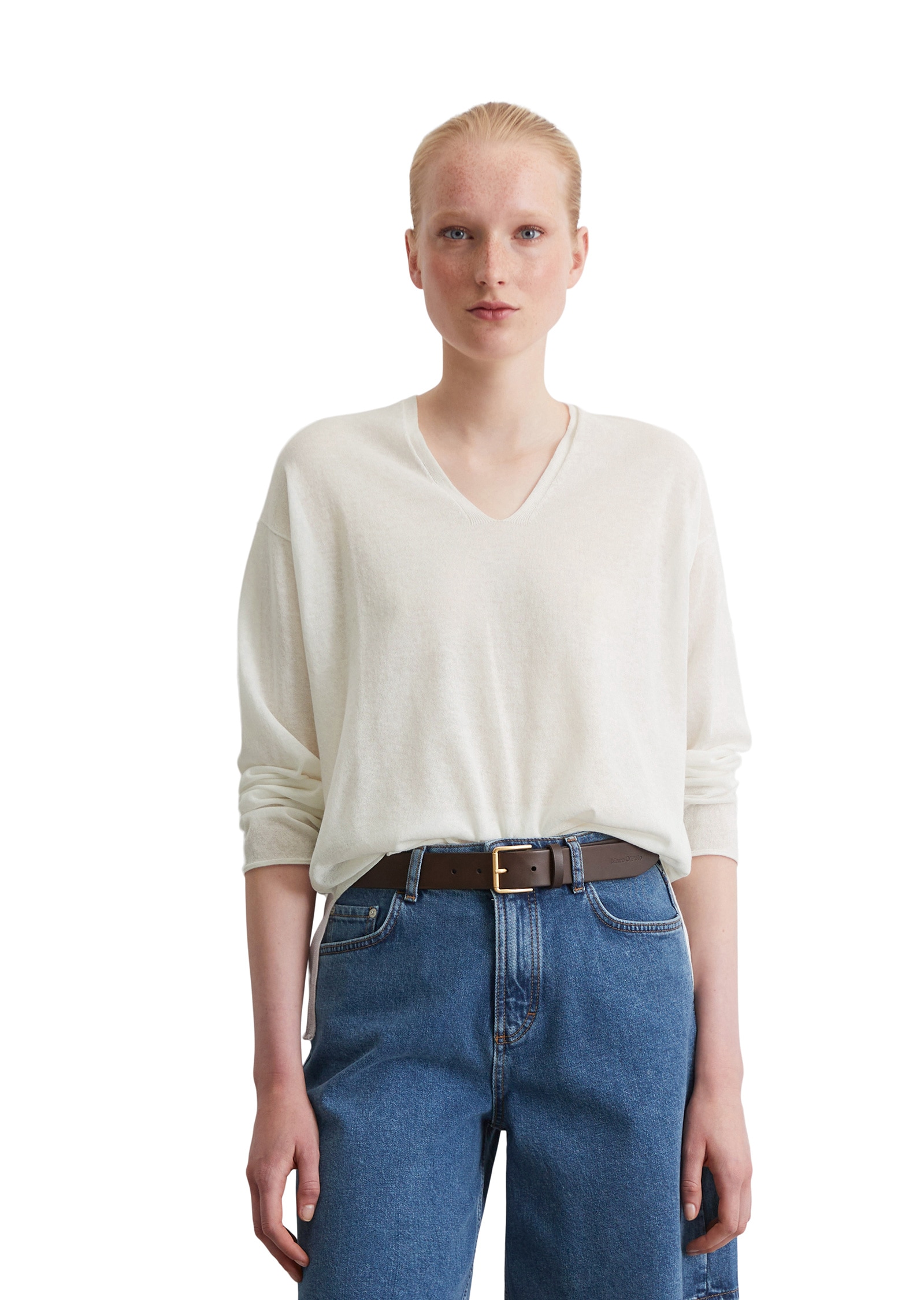 Strickpullover MARC O'POLO "aus Organic-Cotton-Mix", Damen, Gr. S, weiß (weiß cotton), Obermaterial: 90% Baumwolle, 10% Polyamid, unifarben, V-Ausschnitt, Pullover