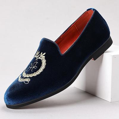 Men's Burgundy Velvet Loafers with Embroidered Crest – Slip-On Party Dress Shoes for Weddings, Banquets Festive Occasions