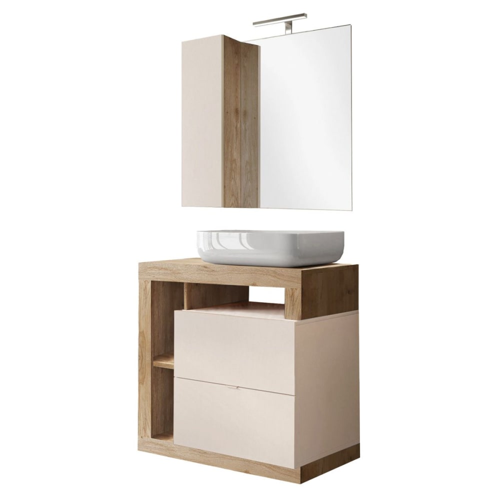 Meuble vasque 78cm + miroir beige et aspect bois finition cadiz