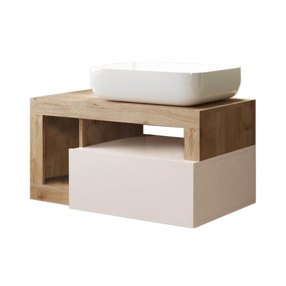 Meuble vasque 78cm suspendu 1 tiroirs beige laqué et aspect bois fini