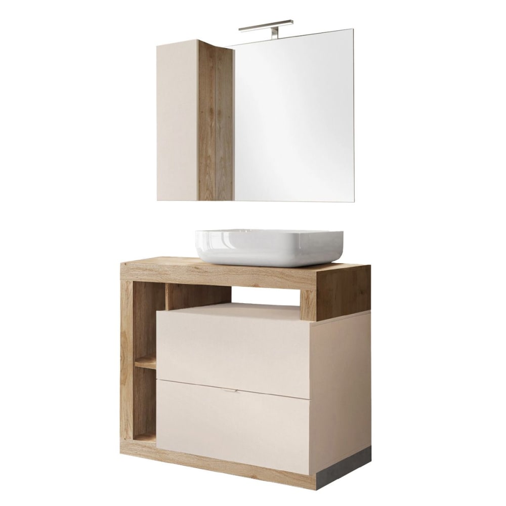 Meuble vasque 92cm + miroir beige et aspect bois finition cadiz