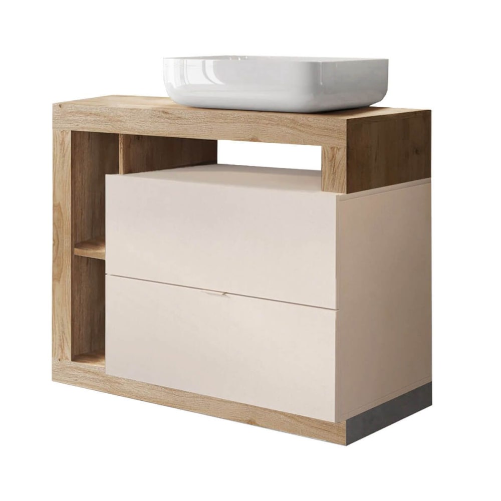 Meuble vasque 92cm 2 tiroirs beige laqué et aspect bois finition cadi