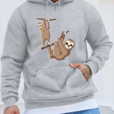 TEMU Sloth Print Men's Pullover Round Neck Hoodies With Kangaroo Pocket Long Sleeve Hooded Sweatshirt Loose Casual Top For Autumn Winter Men's Clothing As Gifts Image