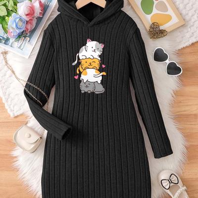 TEMU Girls' Lightweight Spring/autumn Cartoon Cute Cat Print Knit Ribbed Long-sleeve Hooded Dress Image