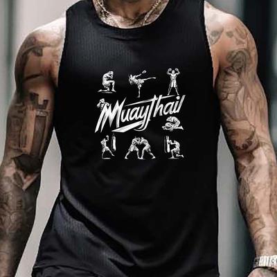TEMU Muay Thai Tops For Men - Polyester Athletic Sleeveless Shirt - Quick- With Geometric Print - Breathable Knit Fabric For Summer - Crew Neck, Stretch, Regular Fit Image