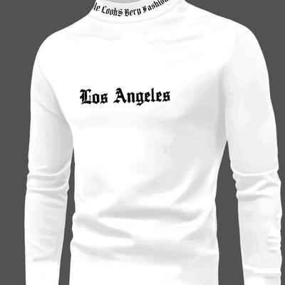 "TEMU Youth Long Sleeve T-shirt With "los Angeles" Print, Casual Stand Collar, Slim Fit, Knit Fabric, 95% Polyester 5% Elastane, , Regular Sleeve, 180gsm - Acx0175" Image