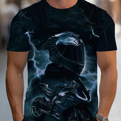 TEMU Men's Motorcycle & Helmet Graphic T-shirt - Black Geometric Lightning Design, Breathable Summer Tee, High-quality , Regular Fit Casual Shirt For Motorcycle Enthusiasts, Durable Print Quality Image