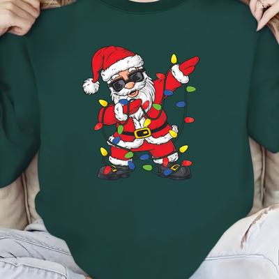 TEMU Cool Santa With Glasses And Christmas Lights Pattern Crew Neck Sweatshirt - 100% Polyester Casual Knit Fabric Pullover For All Image