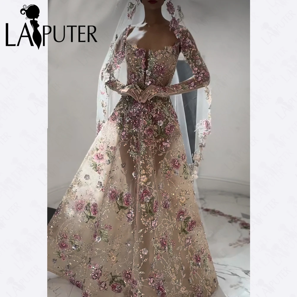 Luxuriöse Abendkleider in A-Linie mit floraler Spitze, Illusion, Champagnerfarben, elegantes Promi-Abschlussballkleid für Damen Image
