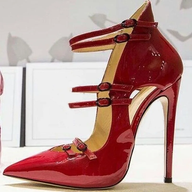 Mehrere Gürtels chnalle Riemen spitzen Zehen Pumps rot Lack leder hohl v geschnitten dünne Absätze Frauen Party Abend Heels Schuhe