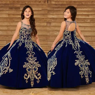 Marineblaues Blumenmädchenkleid für die Hochzeit, ärmellose Spitzenapplikationen, bodenlang, Image