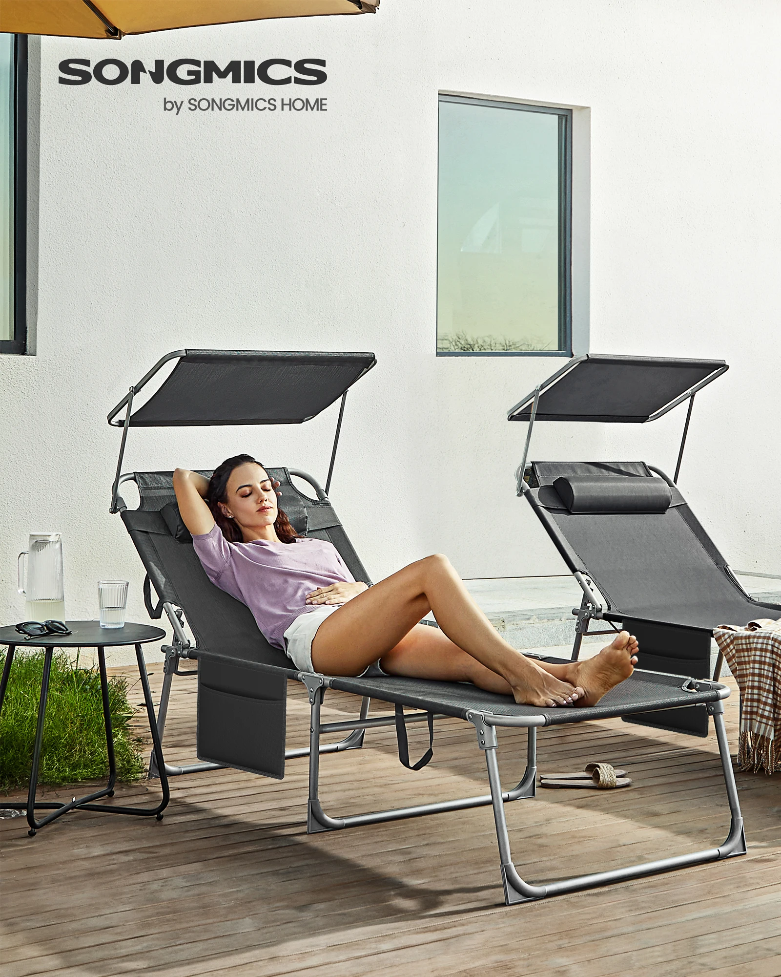 SONGMICS Große Sonnenliege,klappbarer Liegestuhl,7Belastbarkeit 150 kg,mit Sonnenschutz,Kopfstütze und verstellbarer Rückenlehne