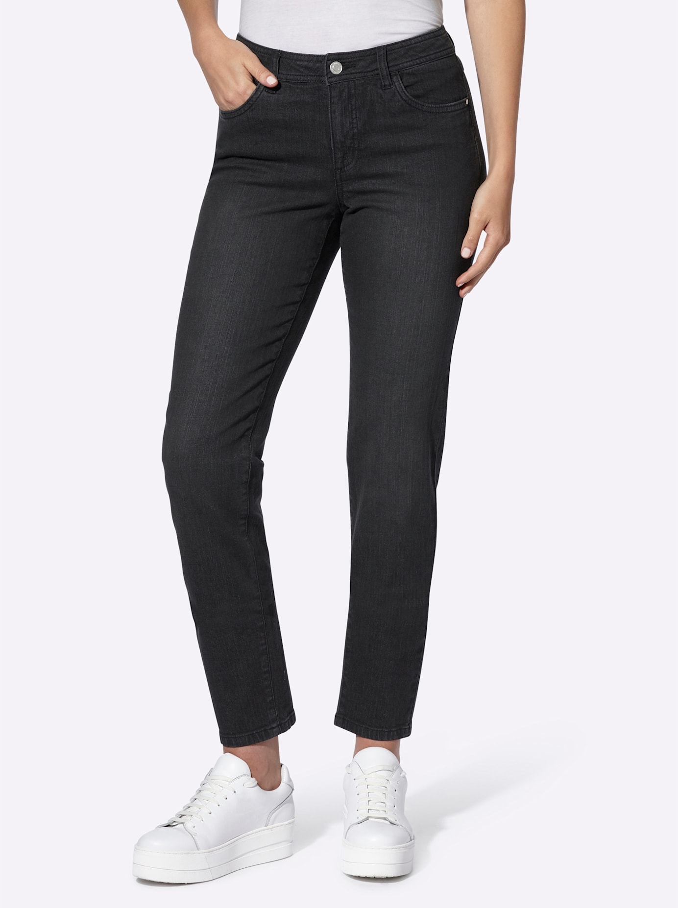5-Pocket-Jeans CASUAL LOOKS, Damen, Gr. 21, Kurzgrößen, schwarz (schwarz, denim), 99% Baumwolle, 1% Elasthan, unifarben, lang, Jeans 5-Pocket-Jeans