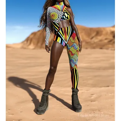 Bunte unregelmäßige Kunst gestreifte Overall Frauen Cyberpunk Cosplay asymmetrische Body Kostüm Halloween Party Performance Strumpfhosen Image
