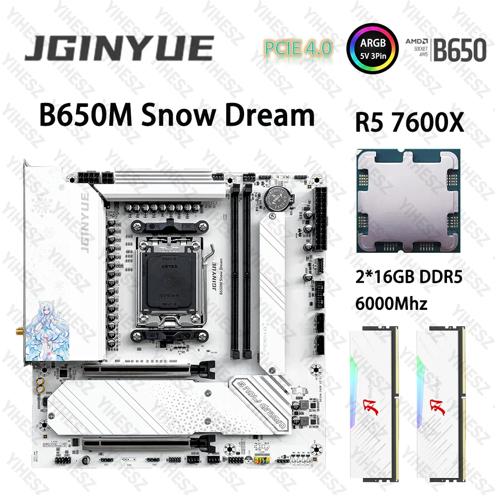 JGINYUE B650M AM5 Motherboard Set mit R5 7600X 2*16GB = 32GB DDR5 6000Mhz ARGB PCIe 4,0×4 M.2 B650M Snow Dream M-ATX Motherboard Image
