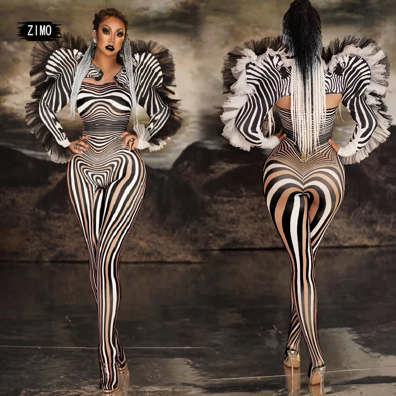 Zebra Muster Overall Frauen Sänger Sexy Bühne Outfit Bar DS Tanz Body zeigen Leistung Zeigen Drag Queen Cosplay Kostüme Image