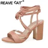 REAVE CAT 2025 Mode Damen Sandalen Flock Wildleder Chunky Heels 8,5 cm Schnürung Plus Größe 48 49 50 Sexy Dating Party Schuhe Sommer