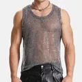 Canotte da uomo sexy da discoteca Canotte in rete con paillettes glitter scava fuori gilet trasparente da uomo canottiere in rete senza maniche alla moda estiva