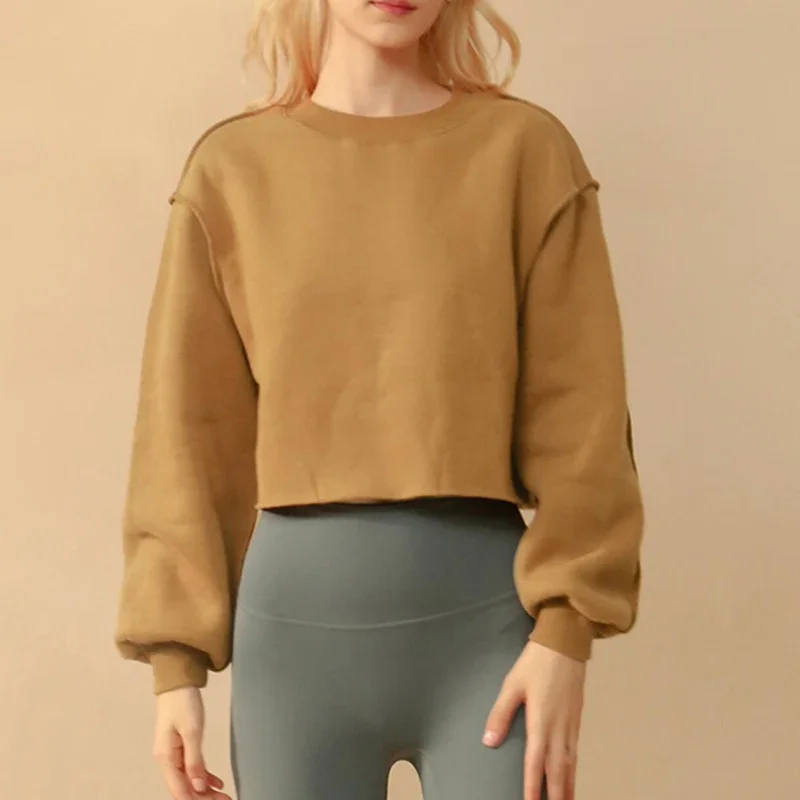 Sean Tsing® Sport Sweatshirts Women Long Sleeve Solid Fitness Yoga Running Gym Cropped Fleece Hoodies Workout Athletic Pullovers