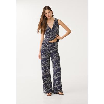 Stradivarius Linen blend embroidered straight-leg trousers Navy blue 10
