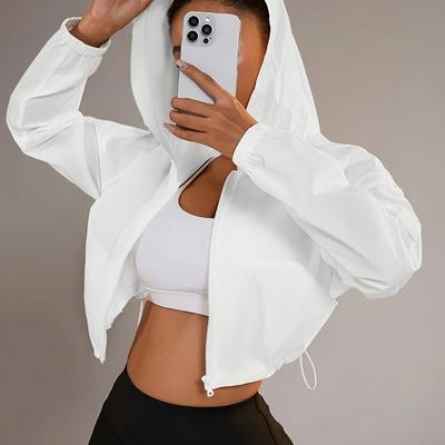 TEMU Women' Color Short Hooded Zip-up Jacket - Lightweight Polyester, With Pockets, Black, Weekend Wear, Casual Wear Hoodie | Jacket | Zippered Jacke Image