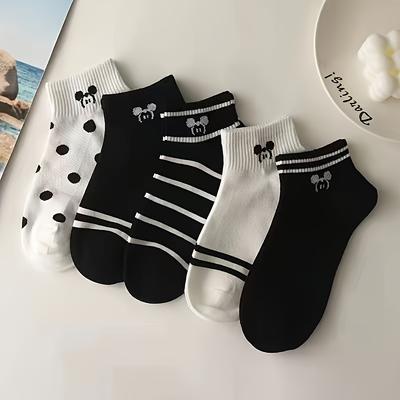 TEMU 5pcs Women's Ankle Socks - Cute Cartoon Bear & Striped Design, Breathable Polyester Blend, Machine Washable, Casual & Sport Wear (), Socks, Comfortable Footwear, Style, Soft Material, Gift Idea Image