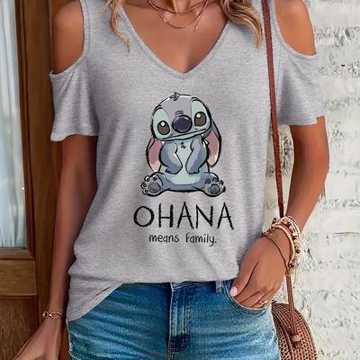"TEMU Women' Off-shoulder Short Sleeve T-shirt With Stitch Graphic - " Means Family" Design, Casual Summer Top For Casual Attire, Casual Summer Top | Print Top | , Cute T Shirts" Image