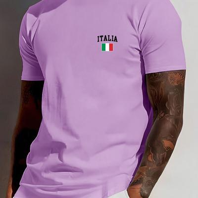 TEMU Men's Italia Flag Graphic T-shirt - Soft Polyester, Casual Round Neck Tee With Ribbed Collar, Stretch, Summer Fashion Essential In Multiple Color Image