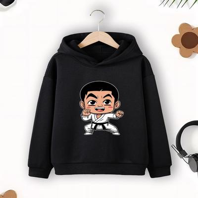 TEMU Knit Fabric Taekwondo Boy Print Casual Hoodie - Regular Fit Polyester Sweatshirt For Boys, Hooded Pullover For Kids 12 And Under - Comfortable Fall/winter Hooded Top With Slight Stretch Image