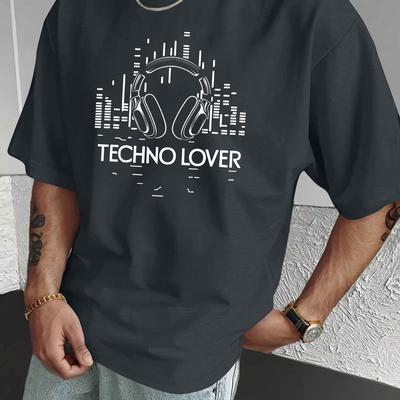 TEMU Headphones Techno Lover Print Tee Shirt, Tees For Men, Casual Short Sleeve T-shirt For Summer Image