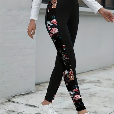 TEMU Women's High-waist Floral Print Stretch Leggings - Elegant Slim Fit With Design, Comfortable & Stylish For Spring/summer/fall Image
