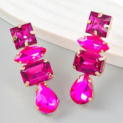 TEMU Elegant Hot Pink Geometric Rhinestone Dangle Earrings, Alloy Long Drop Earrings For , Banquet, Wedding Accessory, Image