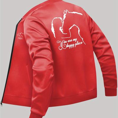 TEMU 1pc Equestrian Casual Men's Print Jacket With Stand Collar, Zipper Closure, And Pockets - Polyester Knit Fabric, Regular Fit, All- Jacket Image