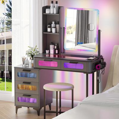 TEMU Gurexl Dressing Table With Wireless Charging Station And 1 Usb 1 Type-c Port, 7 Dimmable Leds Dressing Table, Black With 6 Drawers And Glass Top, Chest Of Drawers, Modern Image