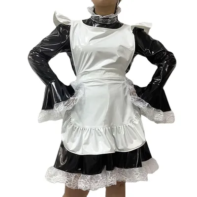 Spitze Rüschen Sissy abschließbare Cosplay Dienst mädchen Uniformen Französisch Stil lange ausgestellte Ärmel A-Linie Plissee Mini Dienst mädchen Kleid mit Schürze 7xl Image