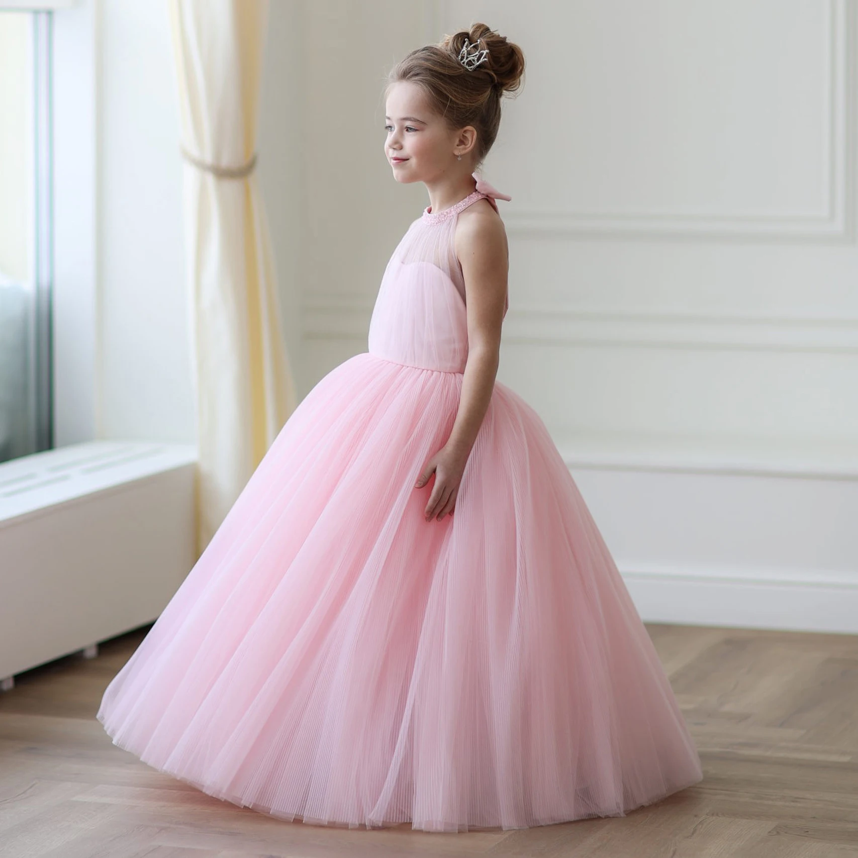 Elegante Schleife Brautjungfer Prinzessin Kleider für Mädchen Tüll Brautjungfer Hochzeit Party Mädchen Kleid Geburtstag Erstkommunion Kinder Kleidung Image