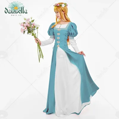 DAIZBELLA Damen Mittelalter Renaissance Kostüm Vintage Retro Blau Grün Puffärmel Fake Zweiteiliges Image