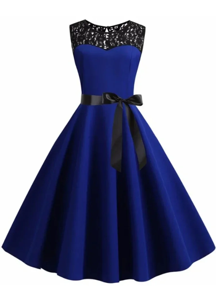 2025 neue Vintage Blau Spitze Patchwork Sommer Kleid Frauen Hohe Taille Elegante Retro Party Kleid Casual Büro Damen Arbeiten Kleid