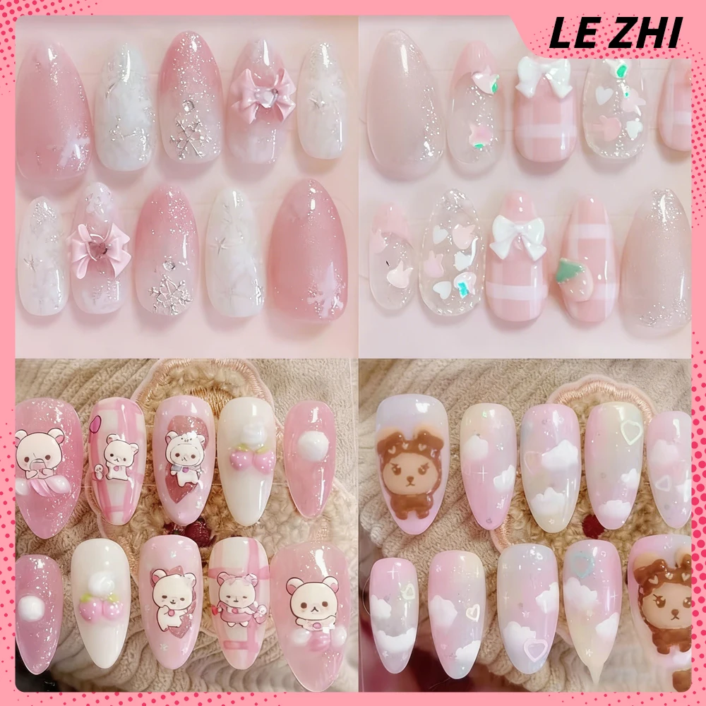Kawaii Rosa Cartoon Handgemachte Künstliche Nägel Niedliche Rilakkuma Erdbeer-Katzenpfote Schleife Diamant Vollständige Nagelabdeckung Image